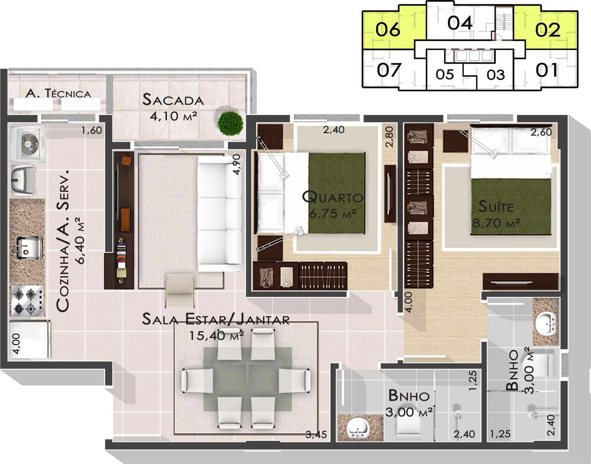 2 Quartos (meio) - Villas do Lago